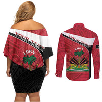 Personalized Haiti Couples Matching Off Shoulder Short Dress and Long Sleeve Button Shirt Flag 1964 Coat Of Arms - Polynesian Style - Wonder Print Shop