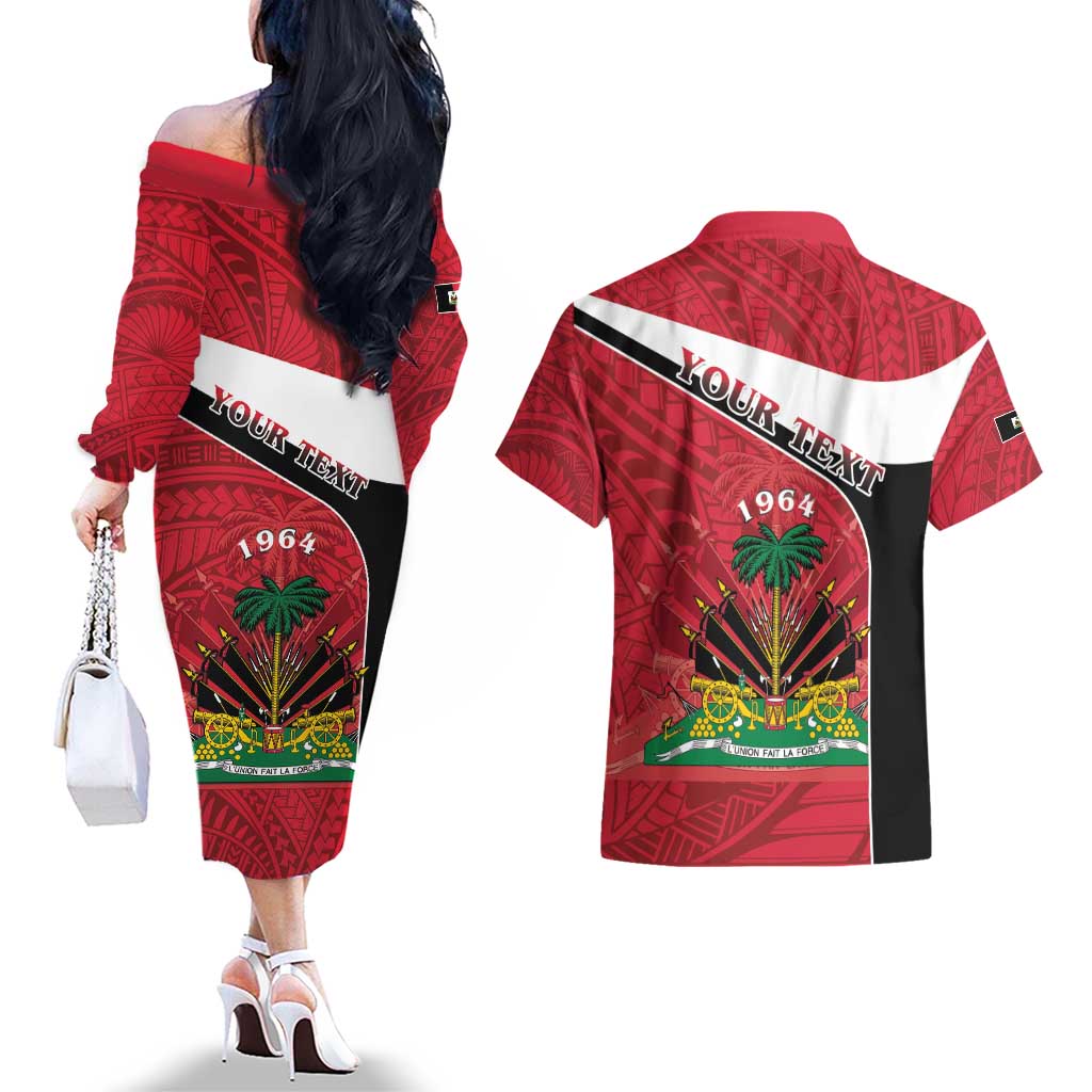 Personalized Haiti Couples Matching Off The Shoulder Long Sleeve Dress and Hawaiian Shirt Flag 1964 Coat Of Arms - Polynesian Style - Wonder Print Shop