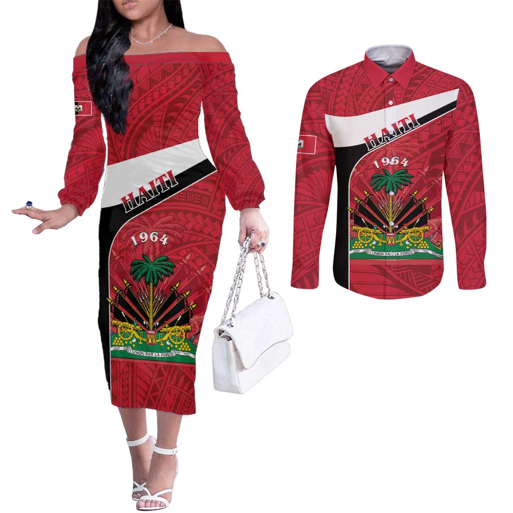 Personalized Haiti Couples Matching Off The Shoulder Long Sleeve Dress and Long Sleeve Button Shirt Flag 1964 Coat Of Arms - Polynesian Style