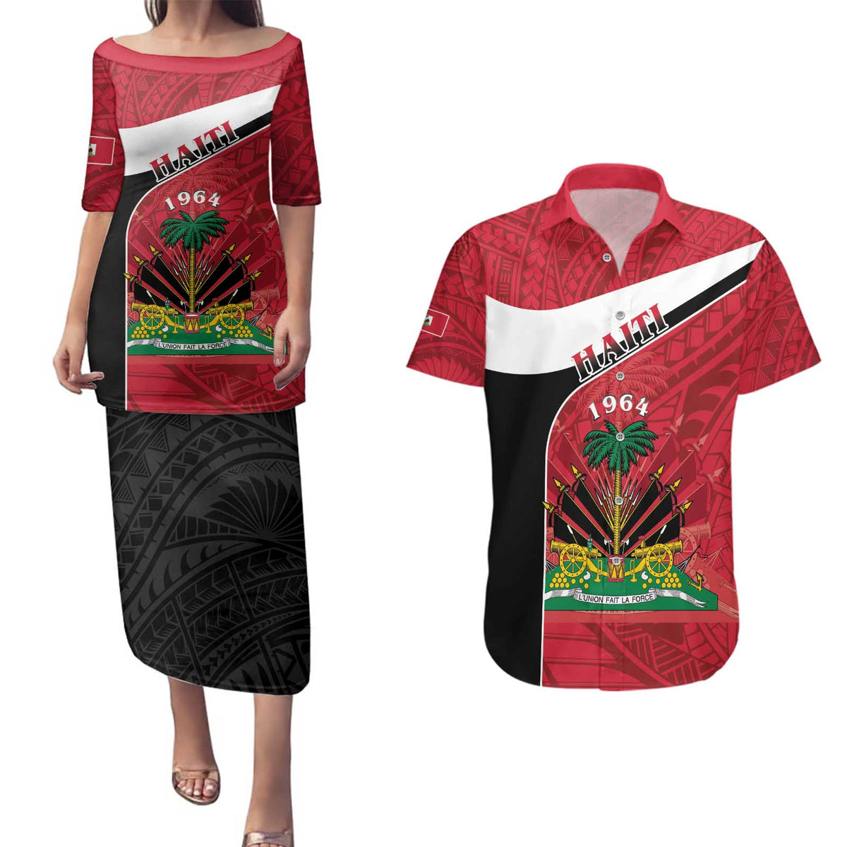 Personalized Haiti Couples Matching Puletasi and Hawaiian Shirt Flag 1964 Coat Of Arms - Polynesian Style - Wonder Print Shop