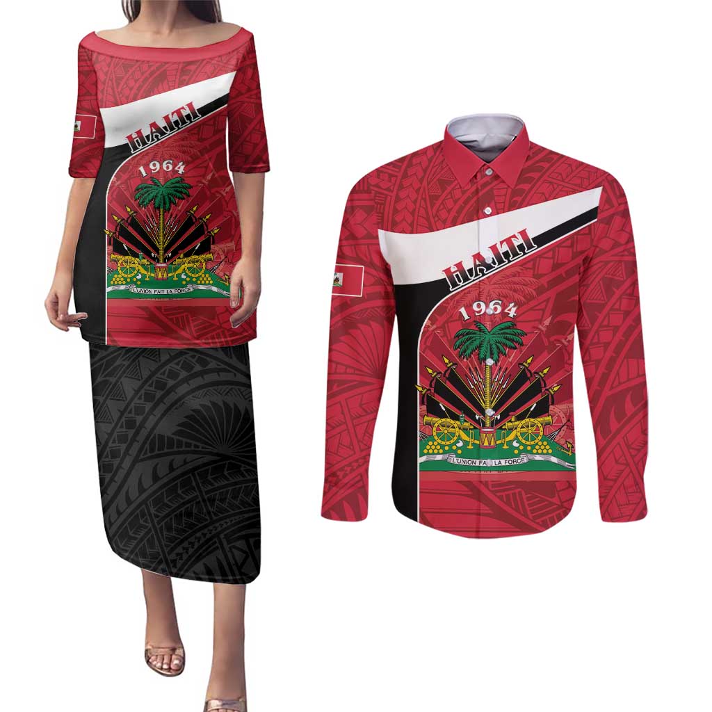 Personalized Haiti Couples Matching Puletasi and Long Sleeve Button Shirt Flag 1964 Coat Of Arms - Polynesian Style - Wonder Print Shop