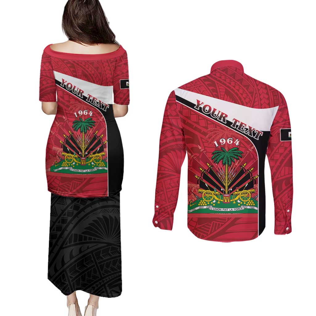 Personalized Haiti Couples Matching Puletasi and Long Sleeve Button Shirt Flag 1964 Coat Of Arms - Polynesian Style - Wonder Print Shop
