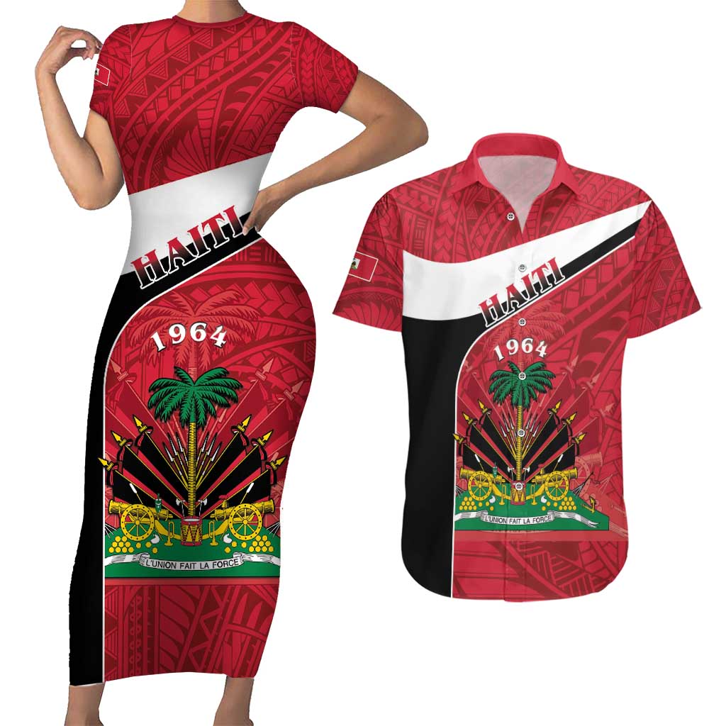 Personalized Haiti Couples Matching Short Sleeve Bodycon Dress and Hawaiian Shirt Flag 1964 Coat Of Arms - Polynesian Style - Wonder Print Shop