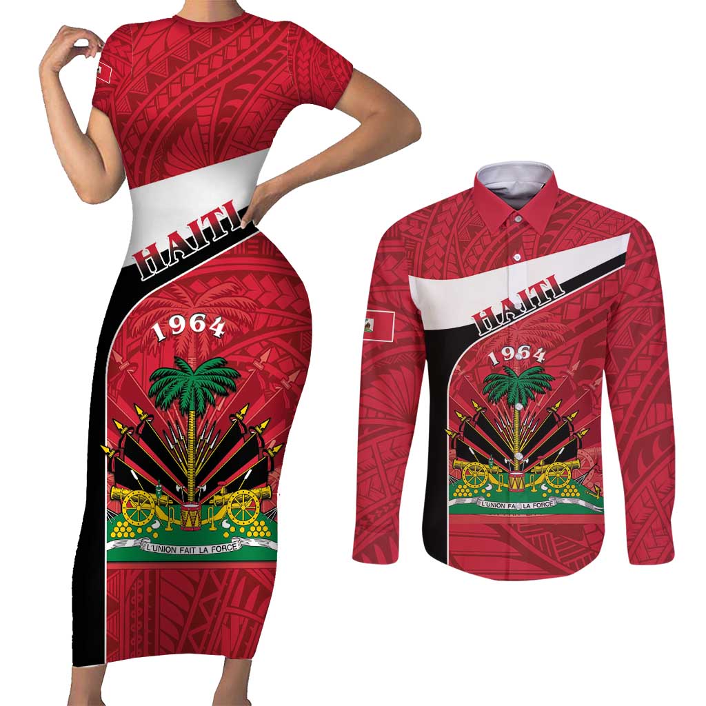 Personalized Haiti Couples Matching Short Sleeve Bodycon Dress and Long Sleeve Button Shirt Flag 1964 Coat Of Arms - Polynesian Style - Wonder Print Shop
