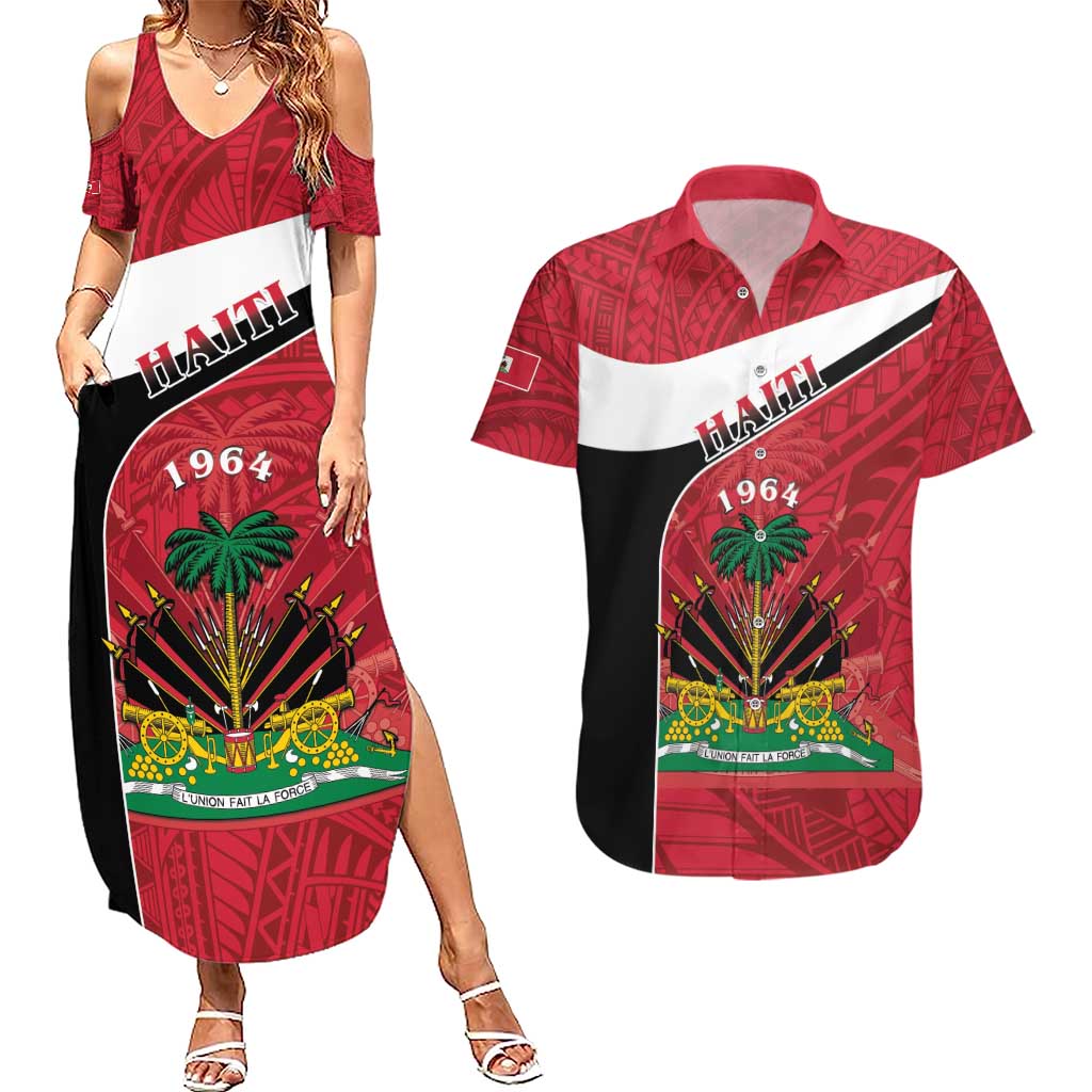 Personalized Haiti Couples Matching Summer Maxi Dress and Hawaiian Shirt Flag 1964 Coat Of Arms - Polynesian Style - Wonder Print Shop