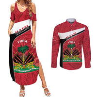 Personalized Haiti Couples Matching Summer Maxi Dress and Long Sleeve Button Shirt Flag 1964 Coat Of Arms - Polynesian Style - Wonder Print Shop