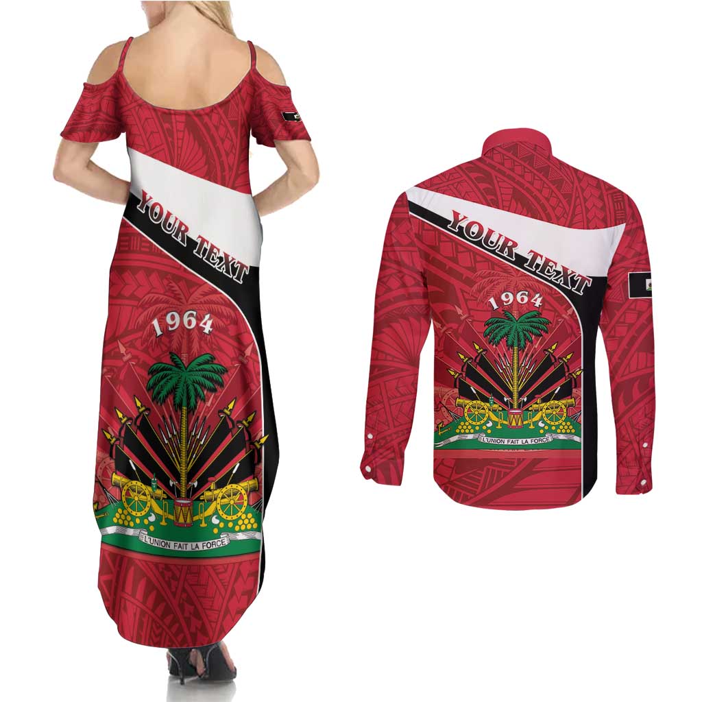 Personalized Haiti Couples Matching Summer Maxi Dress and Long Sleeve Button Shirt Flag 1964 Coat Of Arms - Polynesian Style - Wonder Print Shop