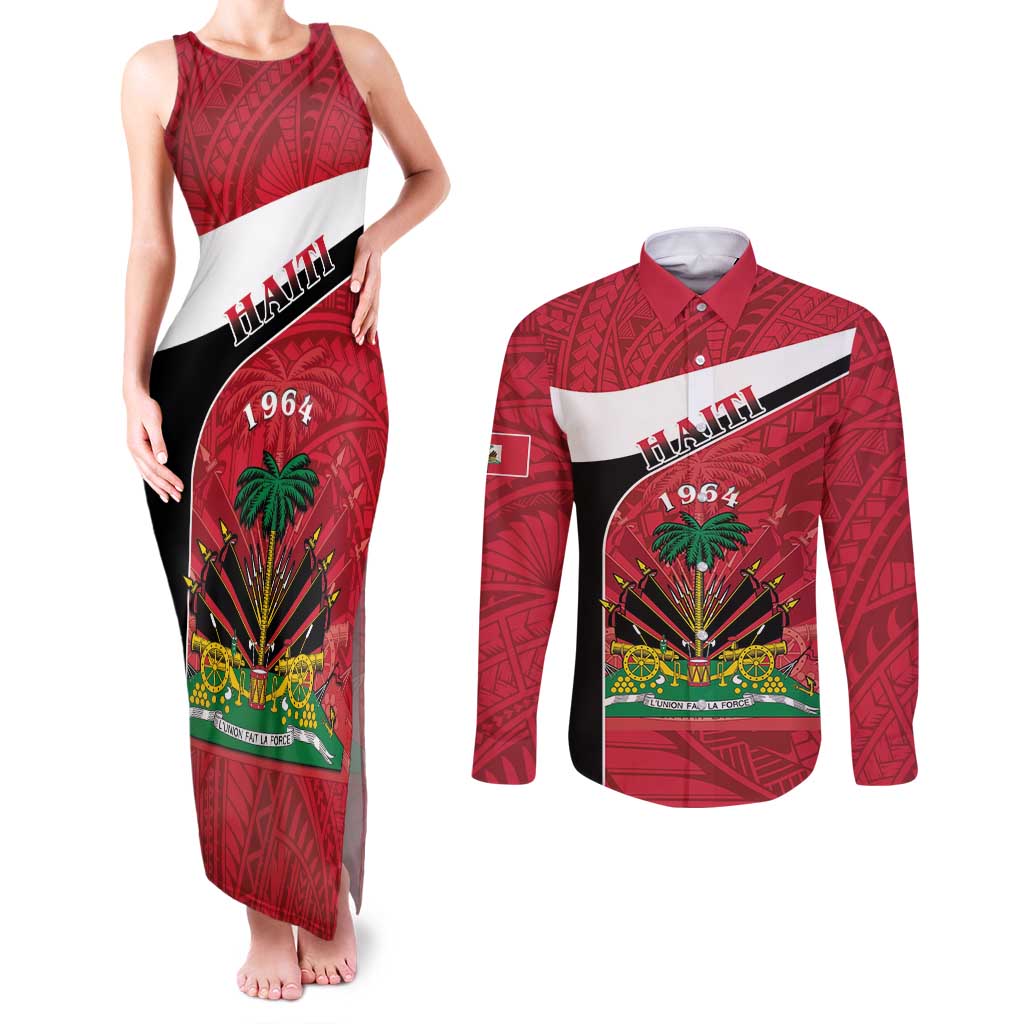 Personalized Haiti Couples Matching Tank Maxi Dress and Long Sleeve Button Shirt Flag 1964 Coat Of Arms - Polynesian Style - Wonder Print Shop