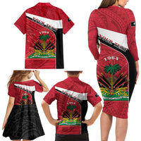 Personalized Haiti Family Matching Long Sleeve Bodycon Dress and Hawaiian Shirt Flag 1964 Coat Of Arms - Polynesian Style - Wonder Print Shop