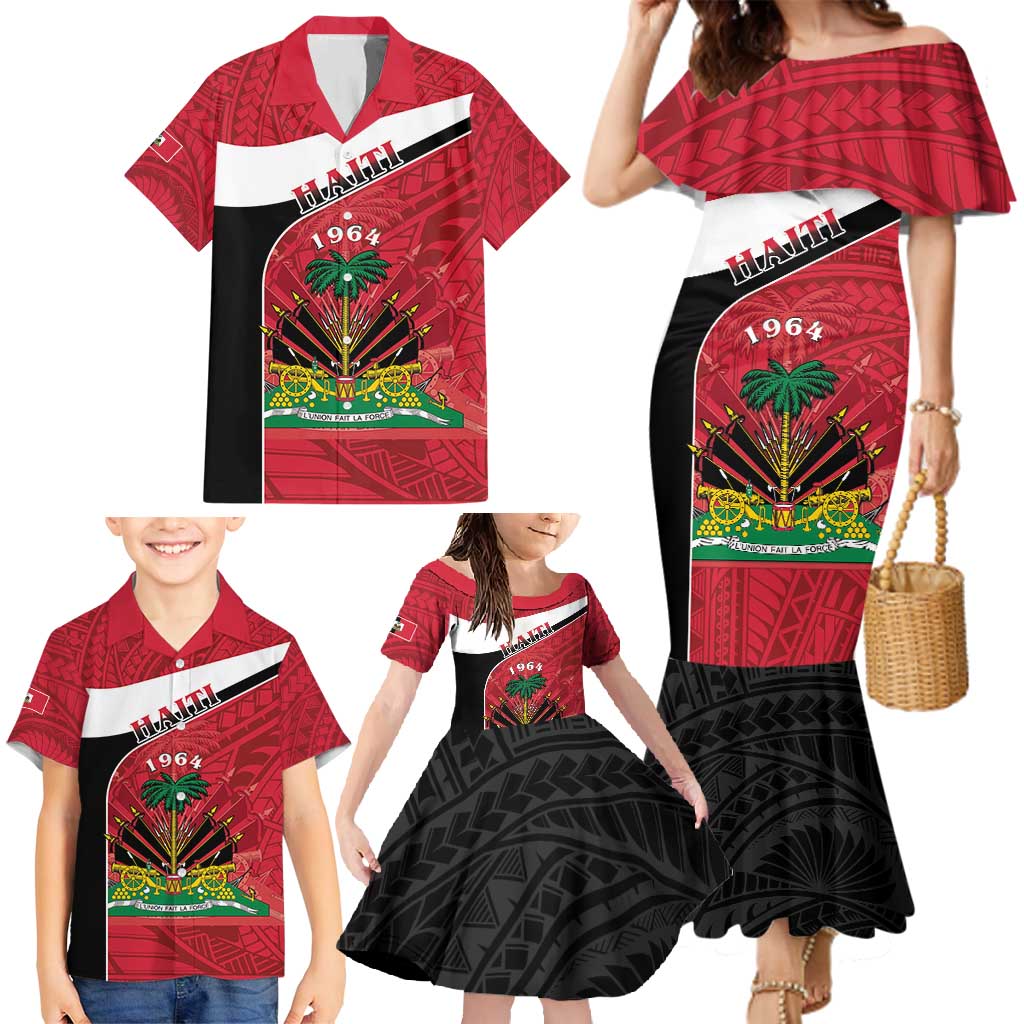 Personalized Haiti Family Matching Mermaid Dress and Hawaiian Shirt Flag 1964 Coat Of Arms - Polynesian Style - Wonder Print Shop