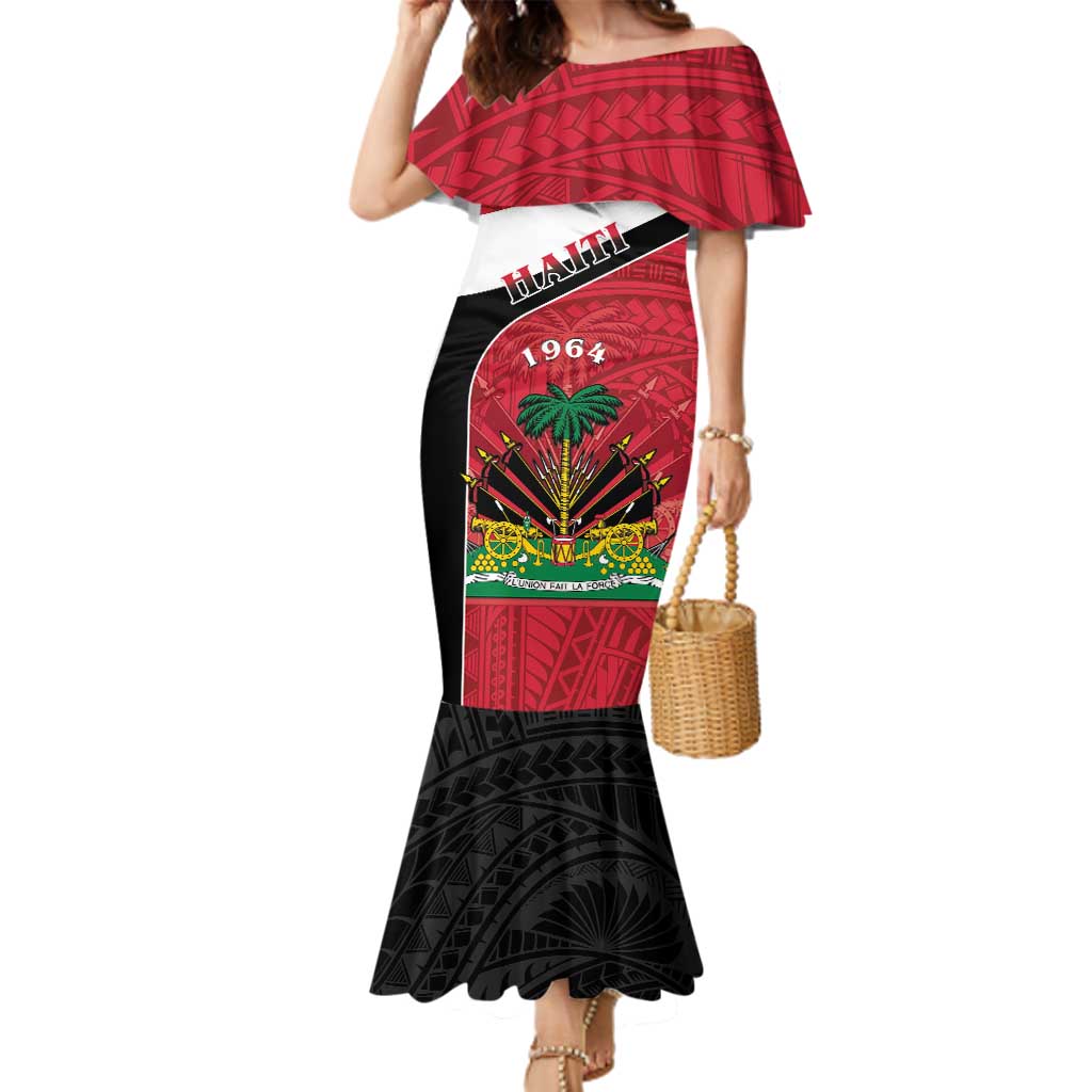 Personalized Haiti Family Matching Mermaid Dress and Hawaiian Shirt Flag 1964 Coat Of Arms - Polynesian Style - Wonder Print Shop