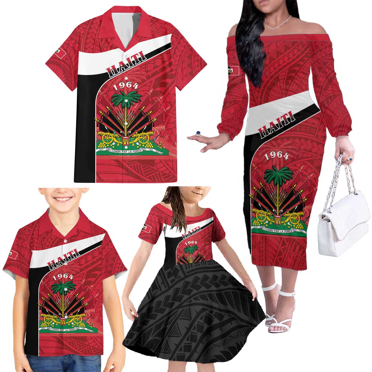 Personalized Haiti Family Matching Off The Shoulder Long Sleeve Dress and Hawaiian Shirt Flag 1964 Coat Of Arms - Polynesian Style - Wonder Print Shop