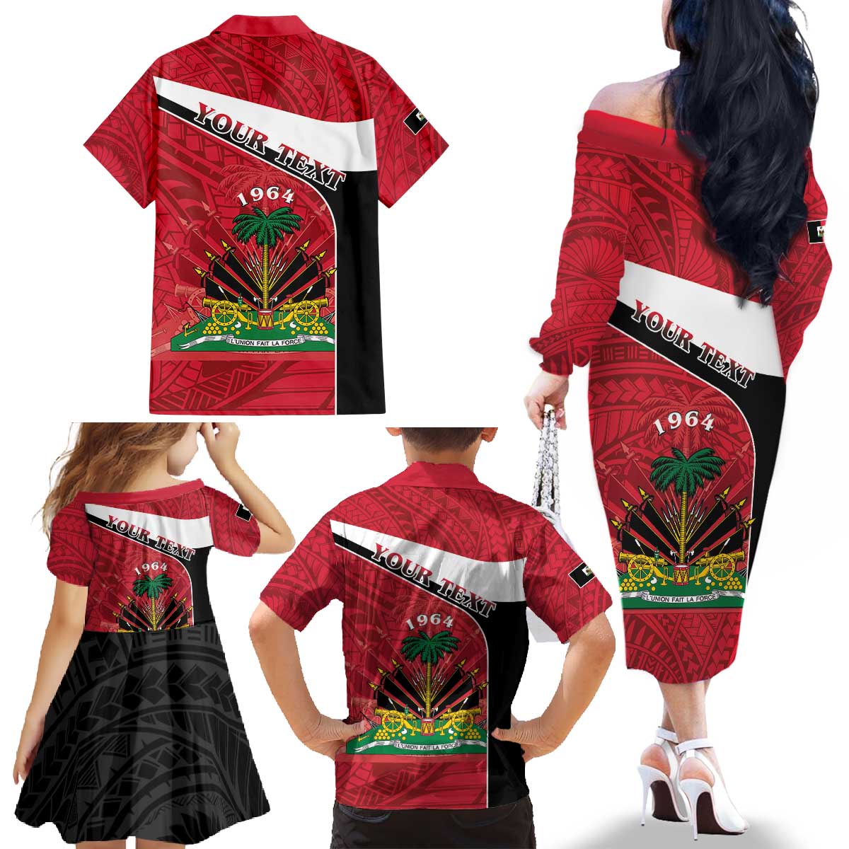 Personalized Haiti Family Matching Off The Shoulder Long Sleeve Dress and Hawaiian Shirt Flag 1964 Coat Of Arms - Polynesian Style - Wonder Print Shop