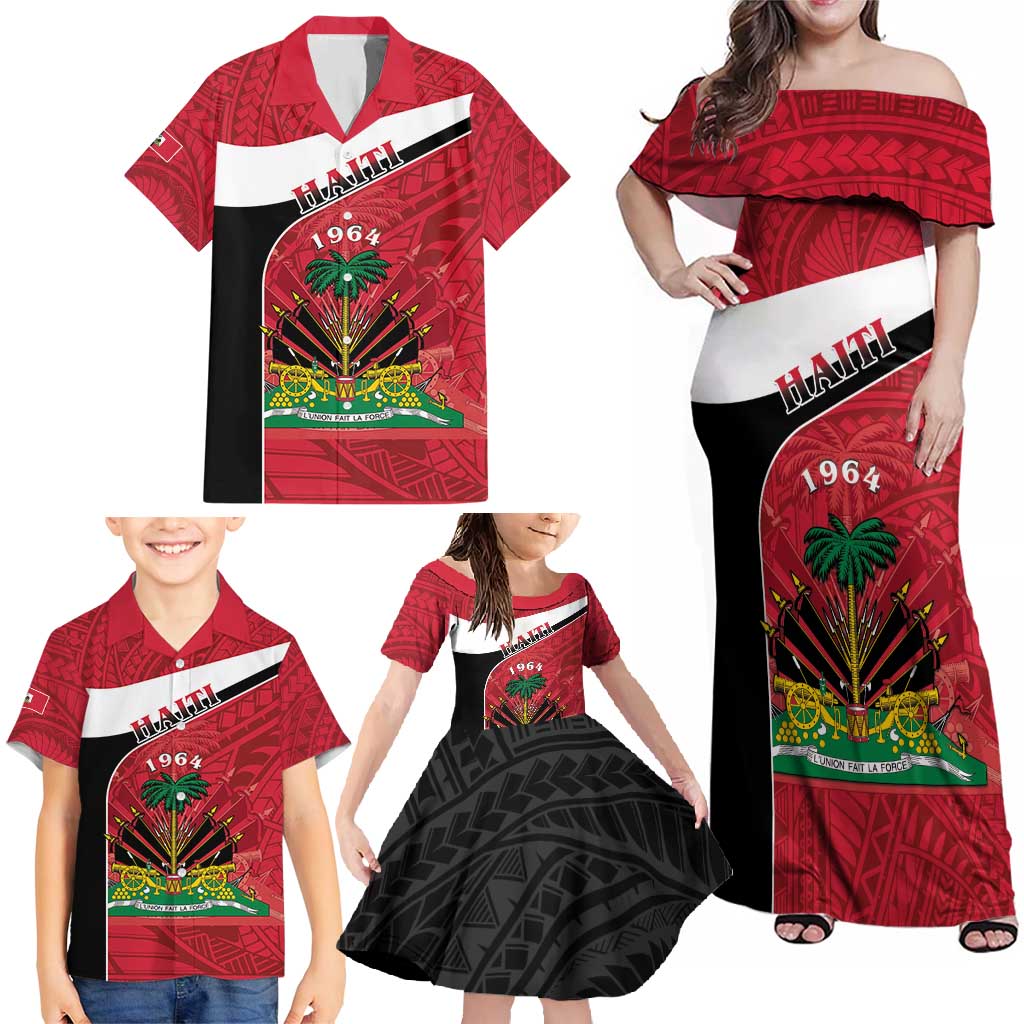 Personalized Haiti Family Matching Off Shoulder Maxi Dress and Hawaiian Shirt Flag 1964 Coat Of Arms - Polynesian Style - Wonder Print Shop