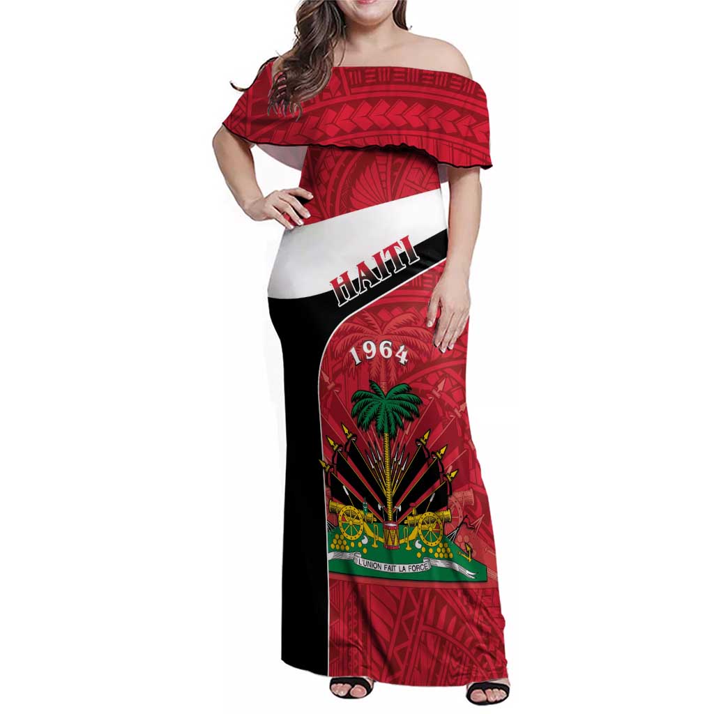 Personalized Haiti Family Matching Off Shoulder Maxi Dress and Hawaiian Shirt Flag 1964 Coat Of Arms - Polynesian Style - Wonder Print Shop