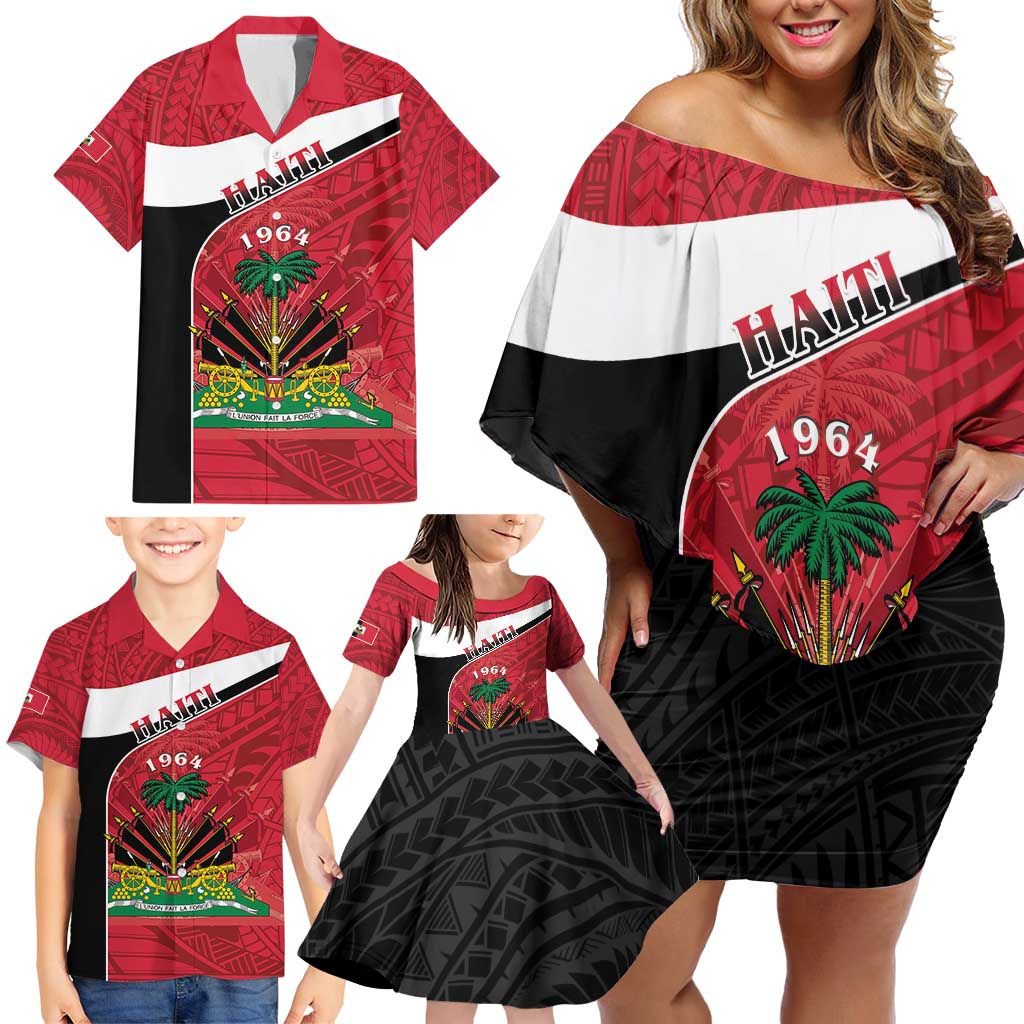 Personalized Haiti Family Matching Off Shoulder Short Dress and Hawaiian Shirt Flag 1964 Coat Of Arms - Polynesian Style - Wonder Print Shop