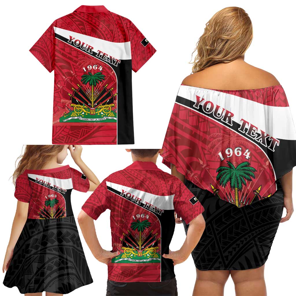 Personalized Haiti Family Matching Off Shoulder Short Dress and Hawaiian Shirt Flag 1964 Coat Of Arms - Polynesian Style - Wonder Print Shop