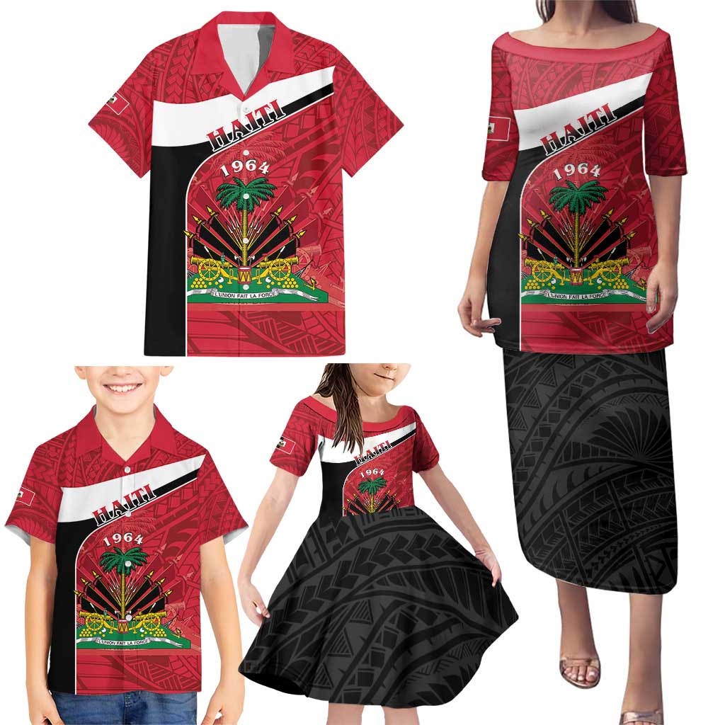 Personalized Haiti Family Matching Puletasi and Hawaiian Shirt Flag 1964 Coat Of Arms - Polynesian Style - Wonder Print Shop