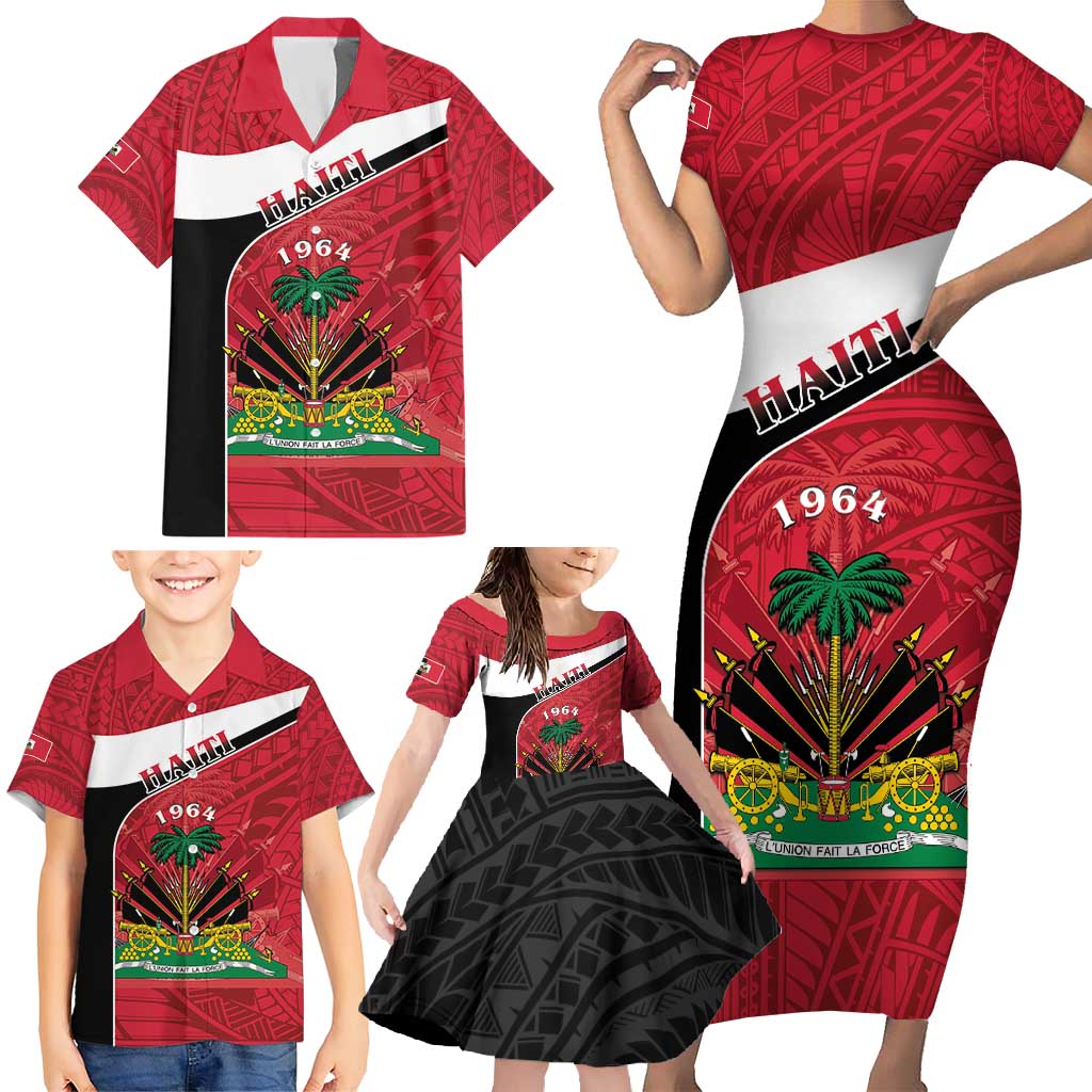 Personalized Haiti Family Matching Short Sleeve Bodycon Dress and Hawaiian Shirt Flag 1964 Coat Of Arms - Polynesian Style - Wonder Print Shop