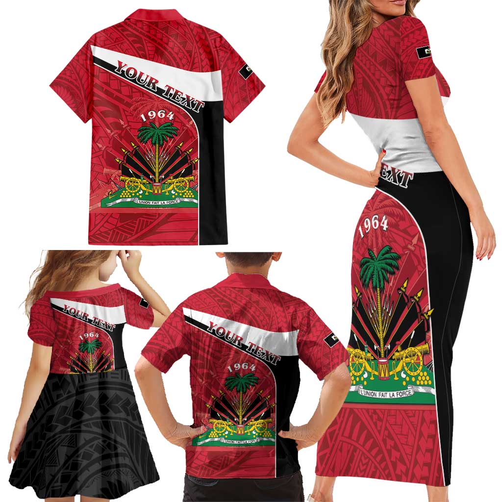 Personalized Haiti Family Matching Short Sleeve Bodycon Dress and Hawaiian Shirt Flag 1964 Coat Of Arms - Polynesian Style - Wonder Print Shop