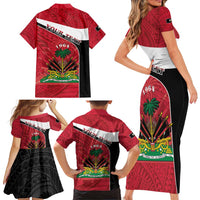 Personalized Haiti Family Matching Short Sleeve Bodycon Dress and Hawaiian Shirt Flag 1964 Coat Of Arms - Polynesian Style - Wonder Print Shop