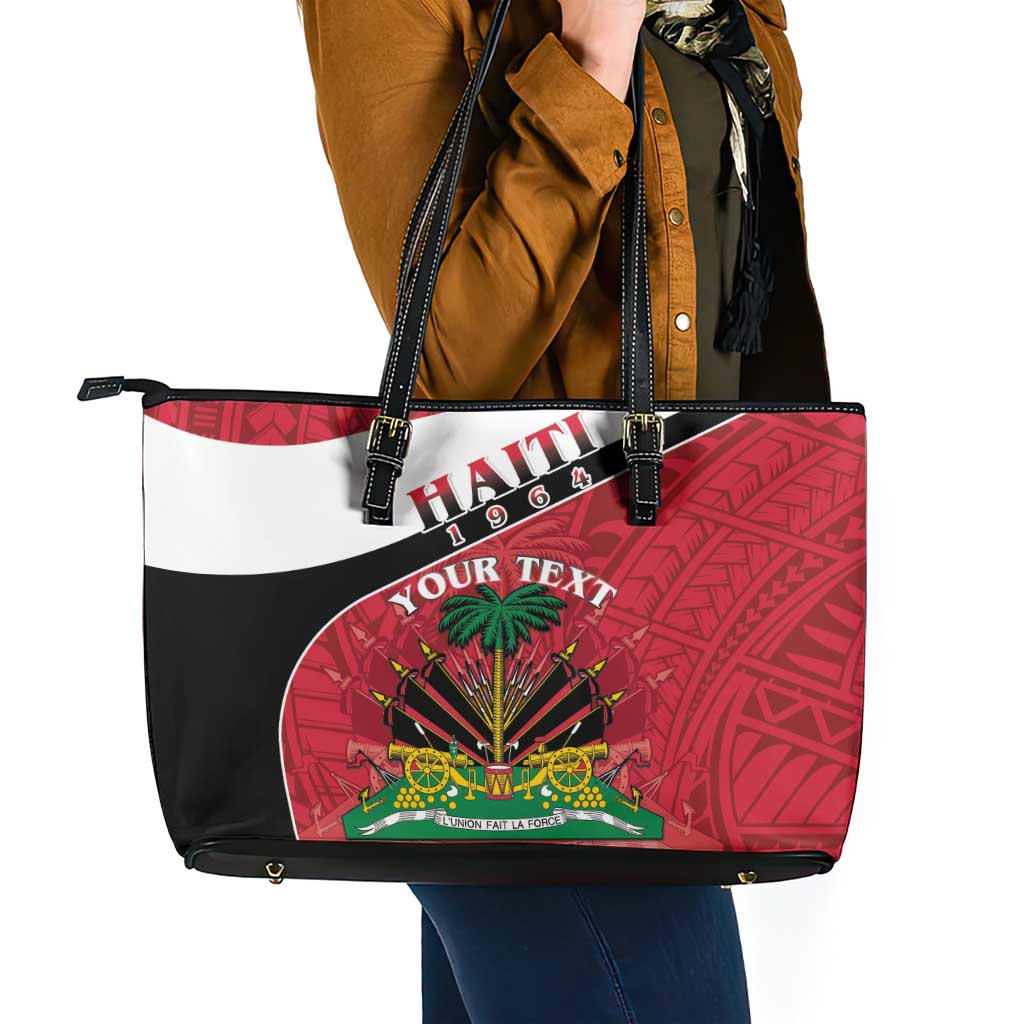 Personalized Haiti Leather Tote Bag Flag 1964 Coat Of Arms - Polynesian Style - Wonder Print Shop
