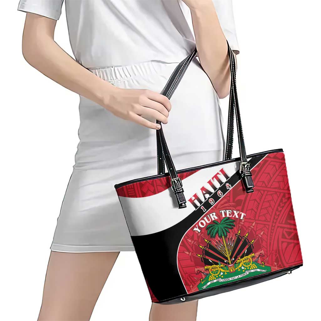Personalized Haiti Leather Tote Bag Flag 1964 Coat Of Arms - Polynesian Style - Wonder Print Shop
