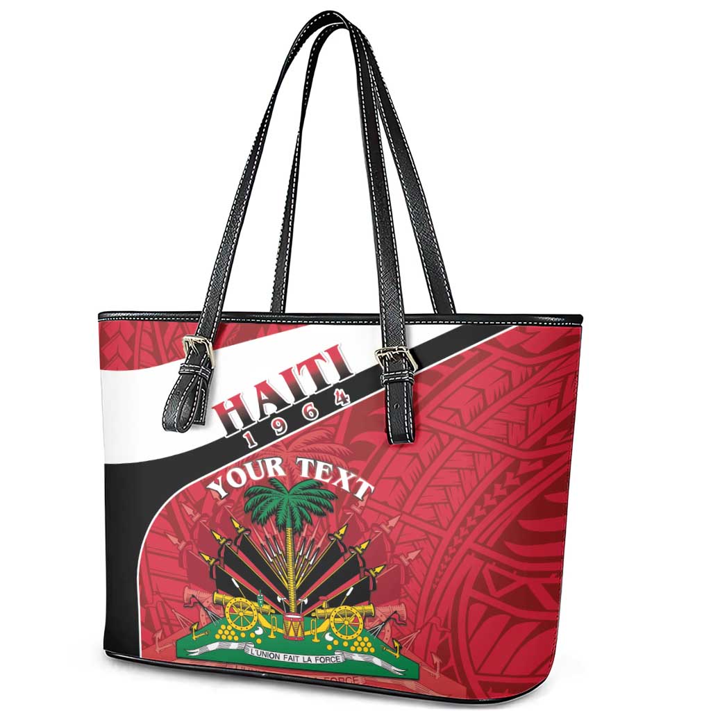 Personalized Haiti Leather Tote Bag Flag 1964 Coat Of Arms - Polynesian Style - Wonder Print Shop