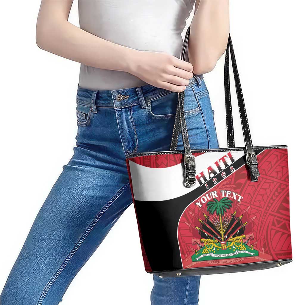 Personalized Haiti Leather Tote Bag Flag 1964 Coat Of Arms - Polynesian Style - Wonder Print Shop