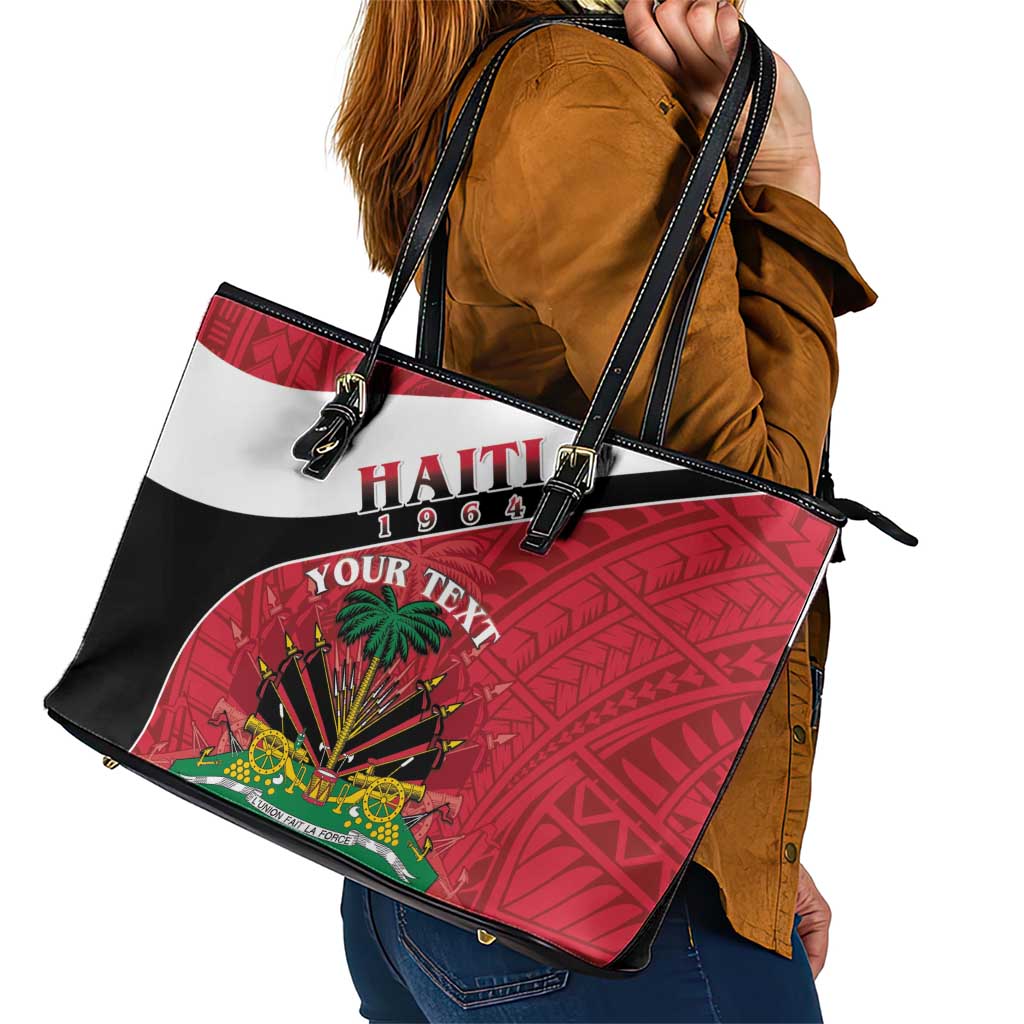 Personalized Haiti Leather Tote Bag Flag 1964 Coat Of Arms - Polynesian Style - Wonder Print Shop