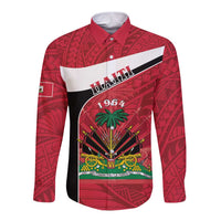 Personalized Haiti Long Sleeve Button Shirt Flag 1964 Coat Of Arms - Polynesian Style - Wonder Print Shop