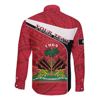 Personalized Haiti Long Sleeve Button Shirt Flag 1964 Coat Of Arms - Polynesian Style - Wonder Print Shop