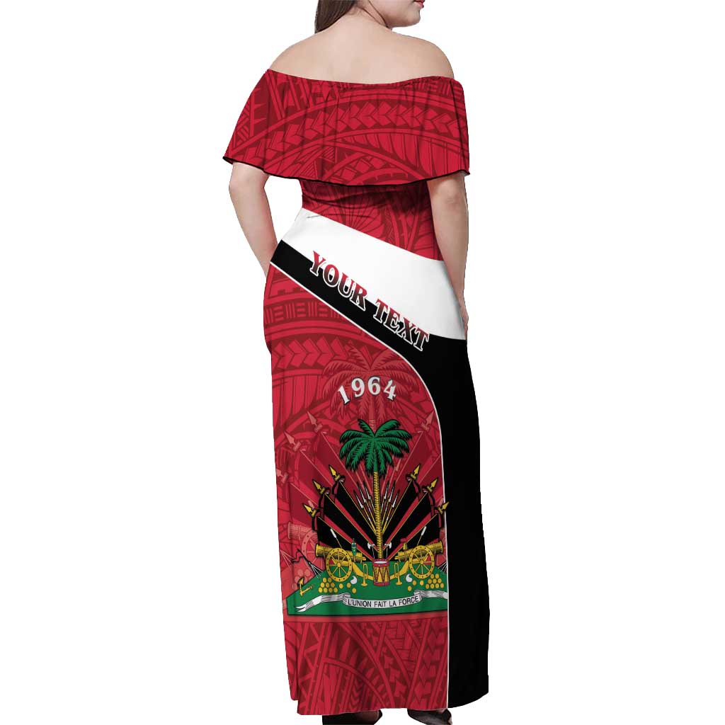 Personalized Haiti Off Shoulder Maxi Dress Flag 1964 Coat Of Arms - Polynesian Style - Wonder Print Shop