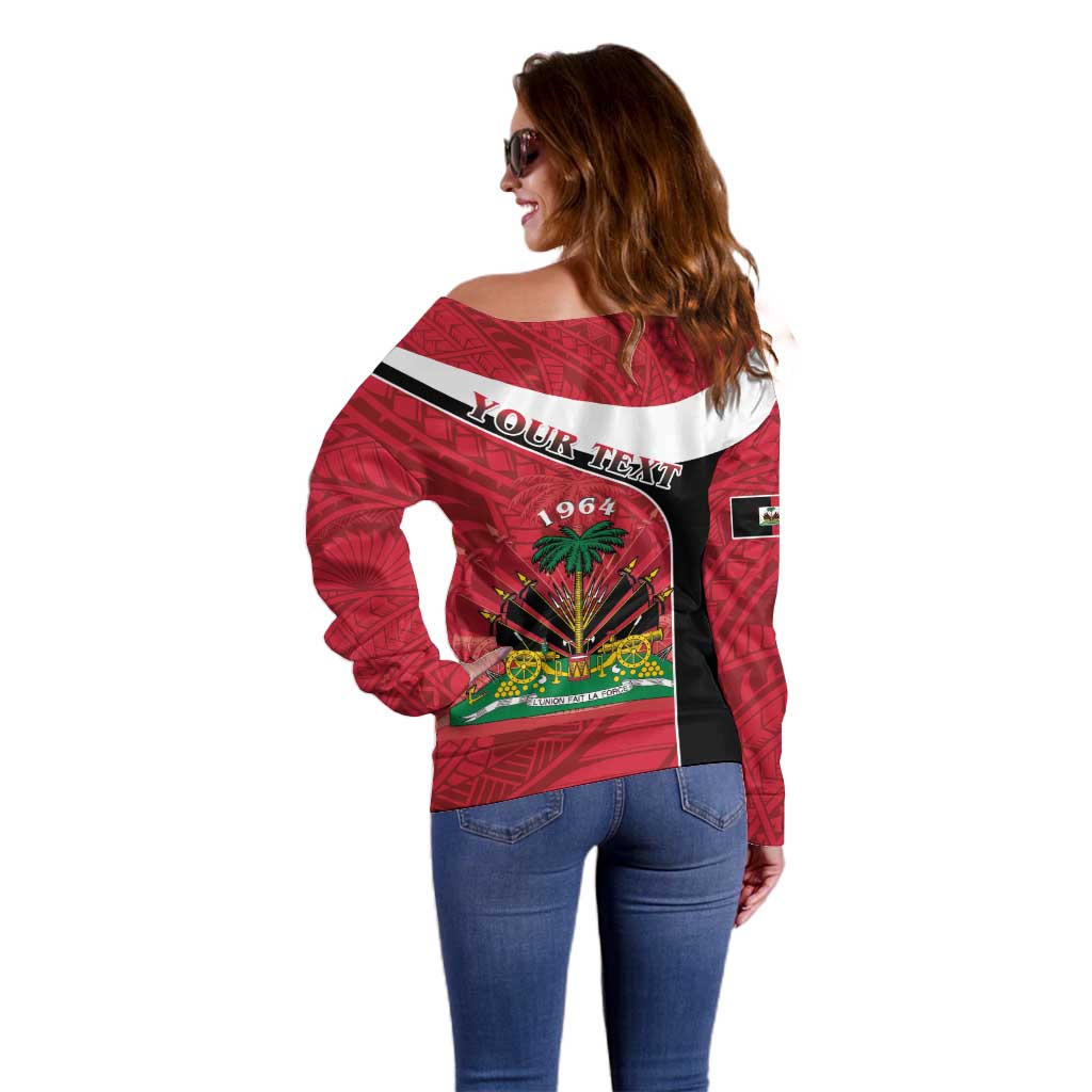 Personalized Haiti Off Shoulder Sweater Flag 1964 Coat Of Arms - Polynesian Style - Wonder Print Shop