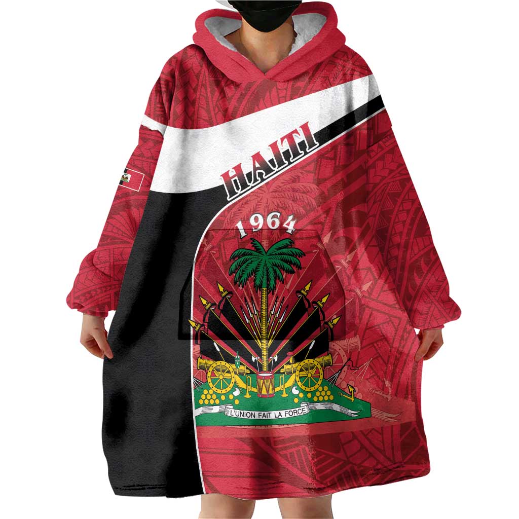Personalized Haiti Wearable Blanket Hoodie Flag 1964 Coat Of Arms - Polynesian Style - Wonder Print Shop
