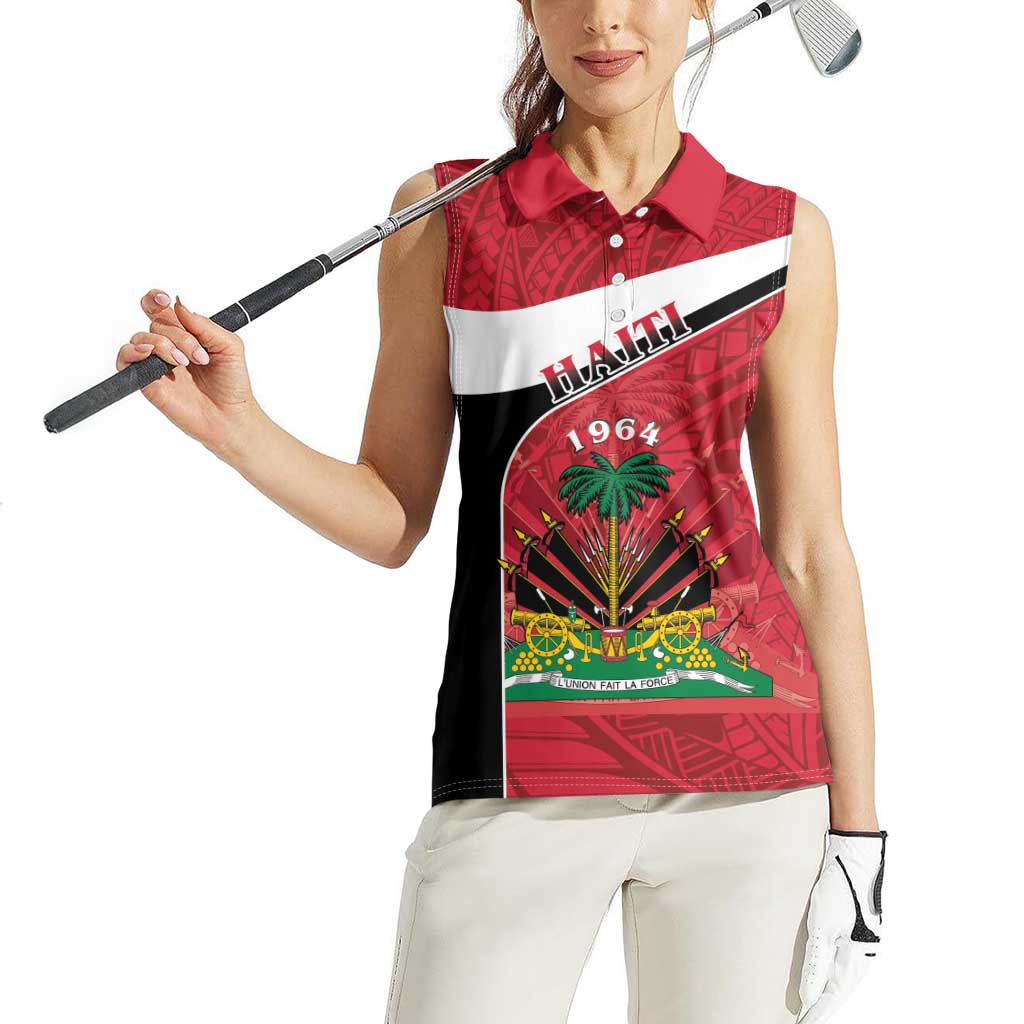 Personalized Haiti Women Sleeveless Polo Shirt Flag 1964 Coat Of Arms - Polynesian Style - Wonder Print Shop
