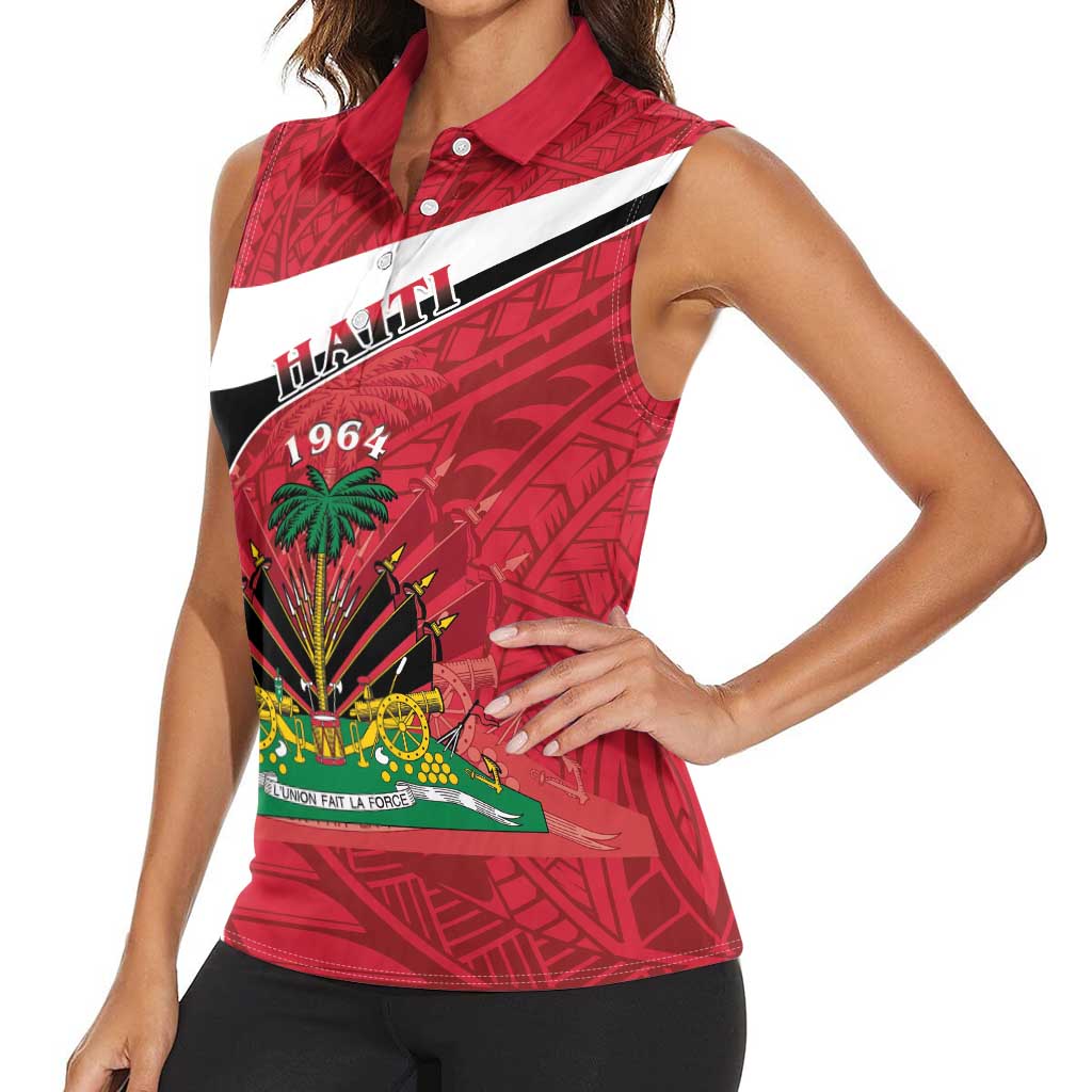 Personalized Haiti Women Sleeveless Polo Shirt Flag 1964 Coat Of Arms - Polynesian Style - Wonder Print Shop
