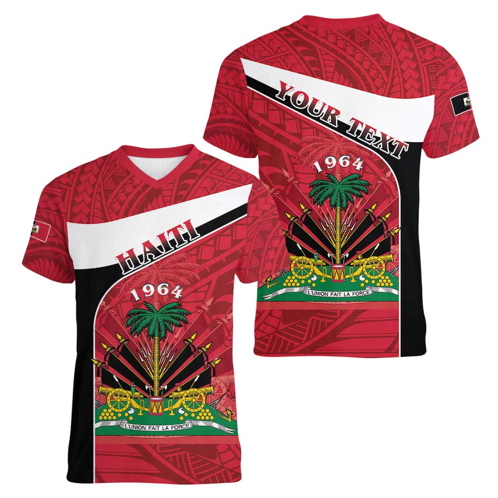 Personalized Haiti Women V-Neck T-Shirt Flag 1964 Coat Of Arms - Polynesian Style - Wonder Print Shop