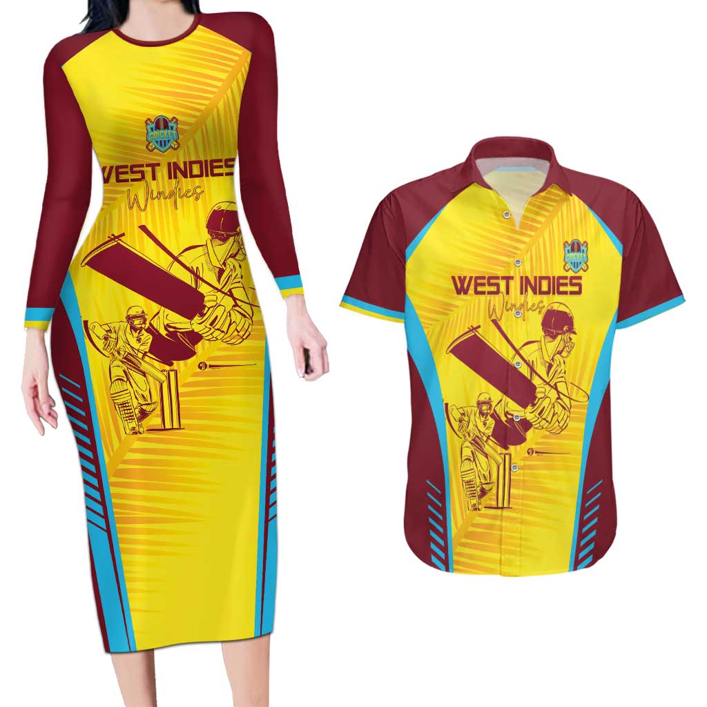 Custom West Indies Cricket Couples Matching Long Sleeve Bodycon Dress and Hawaiian Shirt Go Windies Go - Wonder Print Shop