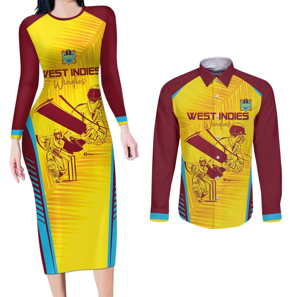 Custom West Indies Cricket Couples Matching Long Sleeve Bodycon Dress and Long Sleeve Button Shirt Go Windies Go - Wonder Print Shop