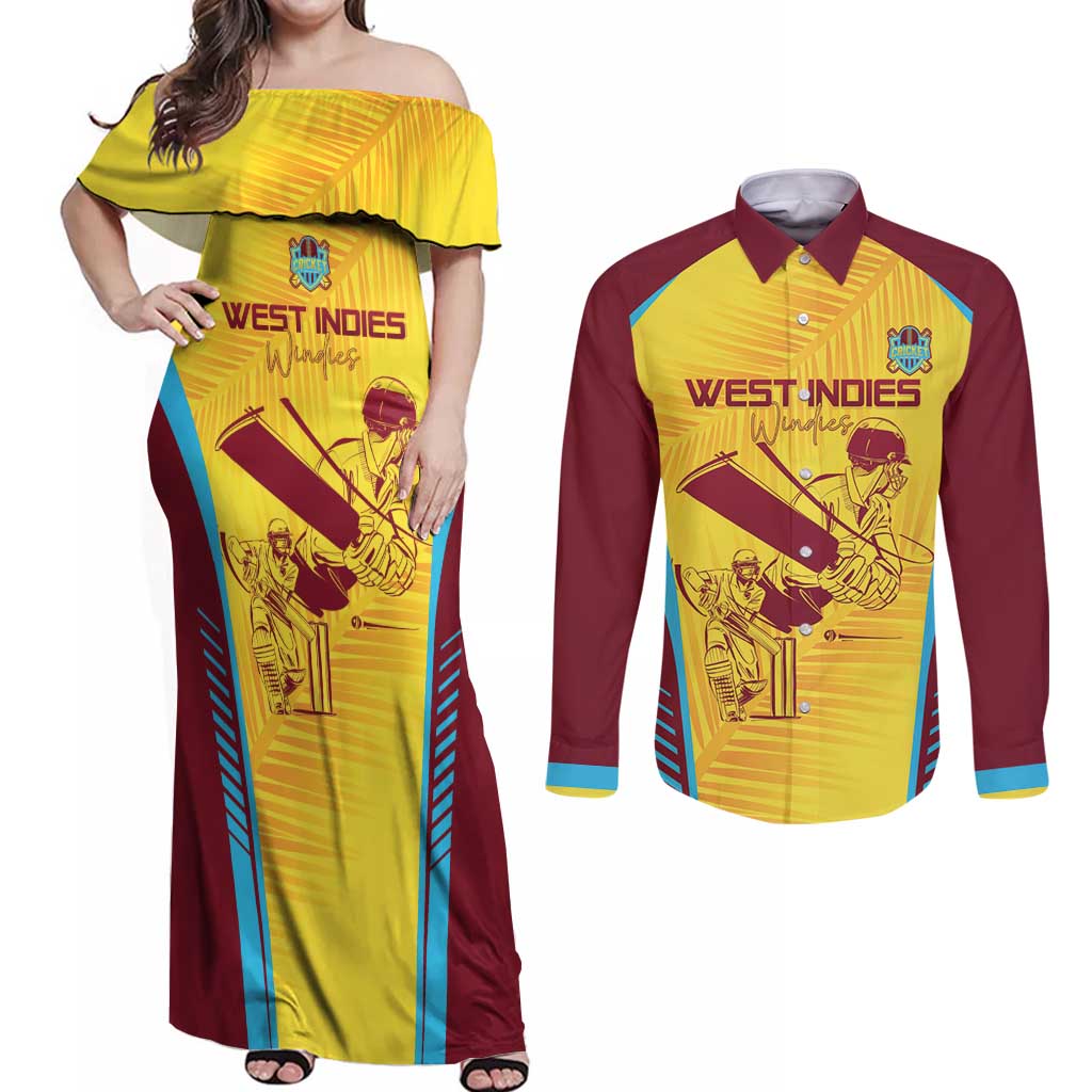 Custom West Indies Cricket Couples Matching Off Shoulder Maxi Dress and Long Sleeve Button Shirt Go Windies Go - Wonder Print Shop