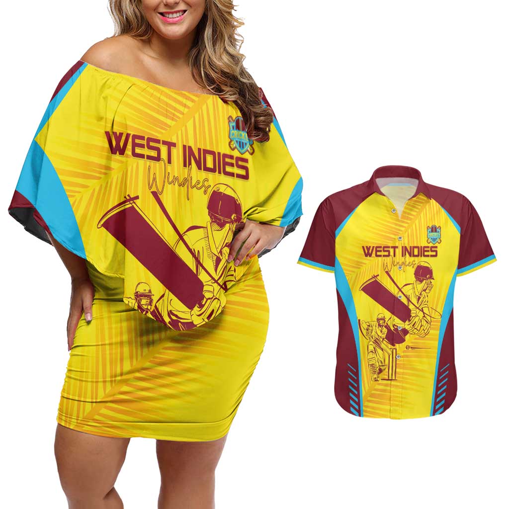 Custom West Indies Cricket Couples Matching Off Shoulder Short Dress and Hawaiian Shirt Go Windies Go - Wonder Print Shop