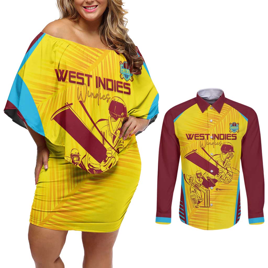 Custom West Indies Cricket Couples Matching Off Shoulder Short Dress and Long Sleeve Button Shirt Go Windies Go - Wonder Print Shop