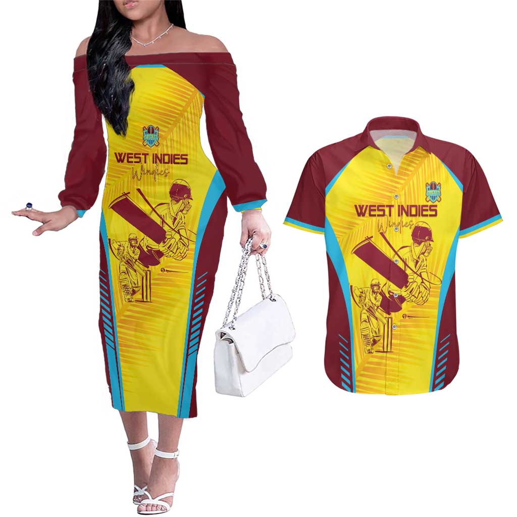Custom West Indies Cricket Couples Matching Off The Shoulder Long Sleeve Dress and Hawaiian Shirt Go Windies Go - Wonder Print Shop