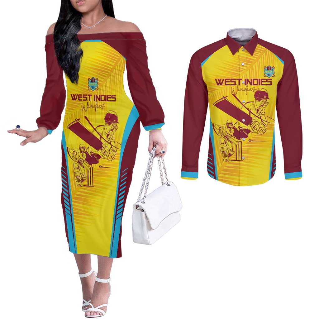 Custom West Indies Cricket Couples Matching Off The Shoulder Long Sleeve Dress and Long Sleeve Button Shirt Go Windies Go - Wonder Print Shop