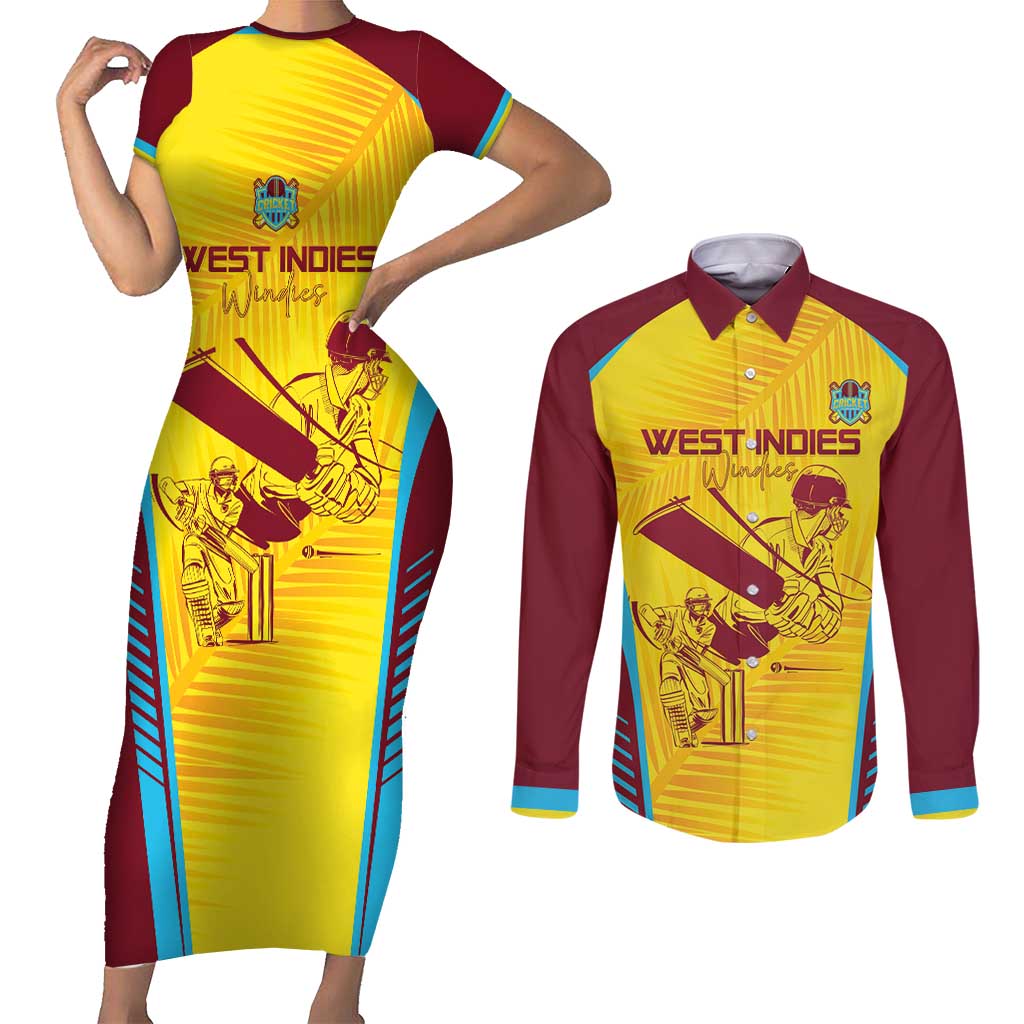 Custom West Indies Cricket Couples Matching Short Sleeve Bodycon Dress and Long Sleeve Button Shirt Go Windies Go - Wonder Print Shop