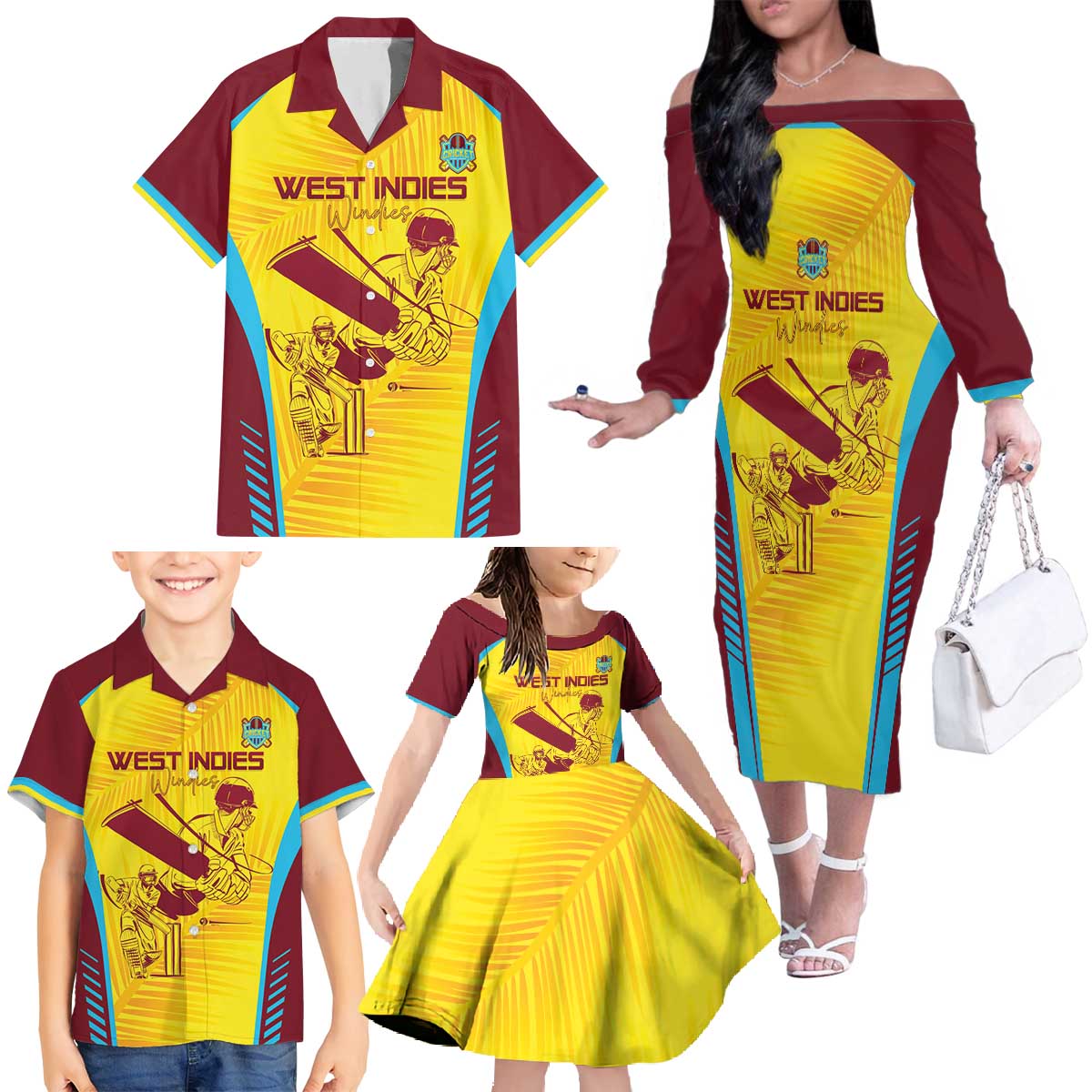 Custom West Indies Cricket Family Matching Off The Shoulder Long Sleeve Dress and Hawaiian Shirt Go Windies Go - Wonder Print Shop