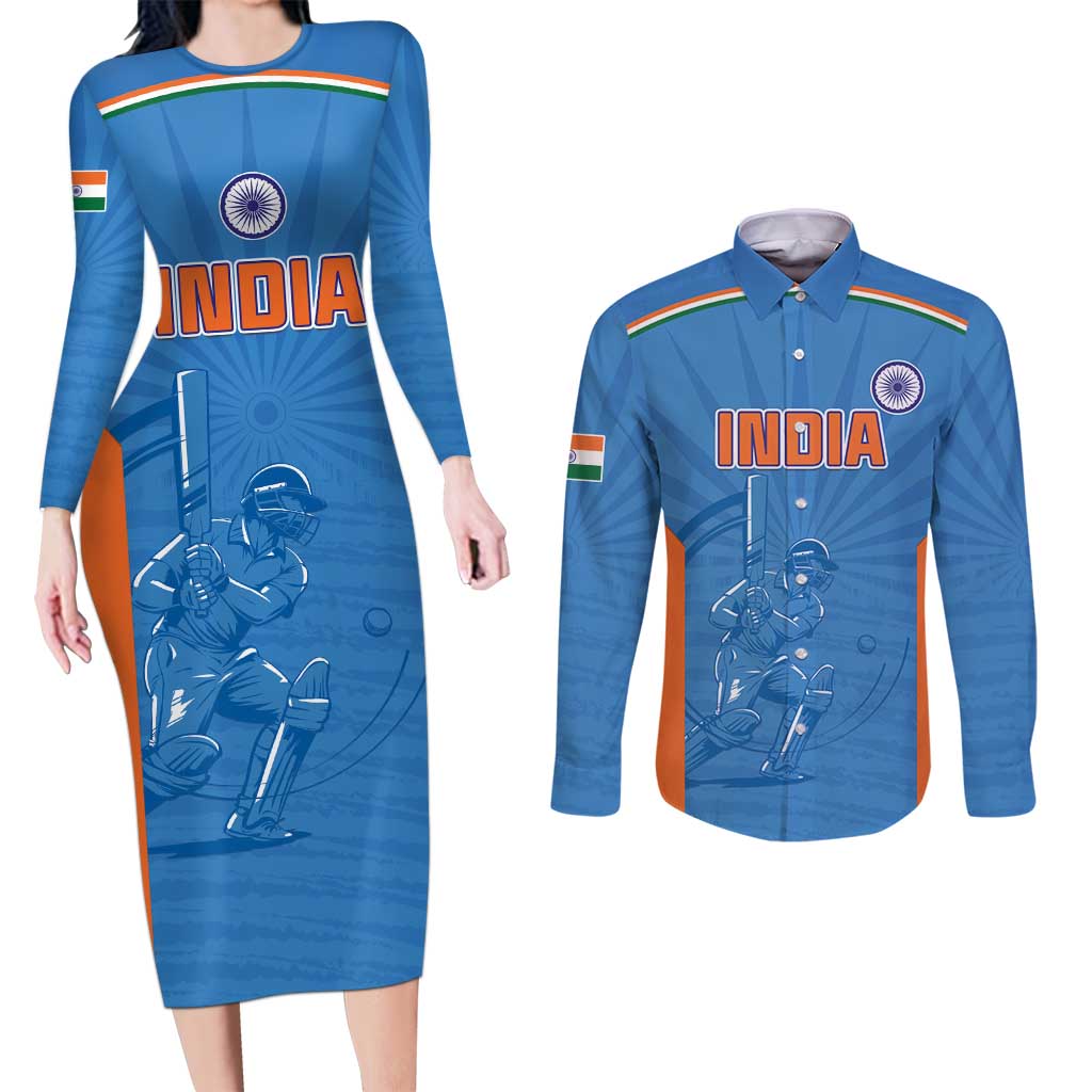 Custom India Cricket Couples Matching Long Sleeve Bodycon Dress and Long Sleeve Button Shirt Go Champions - Wonder Print Shop