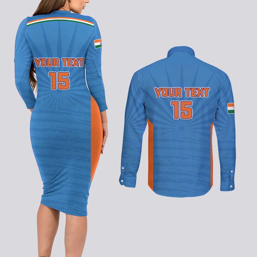 Custom India Cricket Couples Matching Long Sleeve Bodycon Dress and Long Sleeve Button Shirt Go Champions - Wonder Print Shop