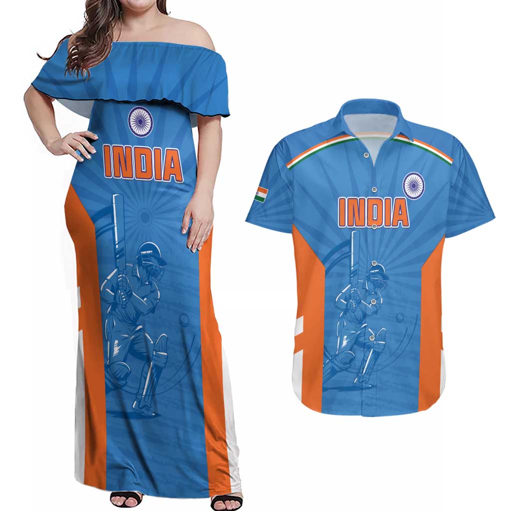 Custom India Cricket Couples Matching Off Shoulder Maxi Dress and Hawaiian Shirt Go Champions - Wonder Print Shop